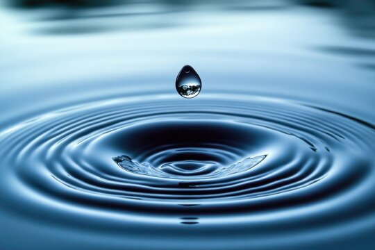 single water droplet suspended above concentric ripples on a calm blue surface, peaceful reflective and meditative mood