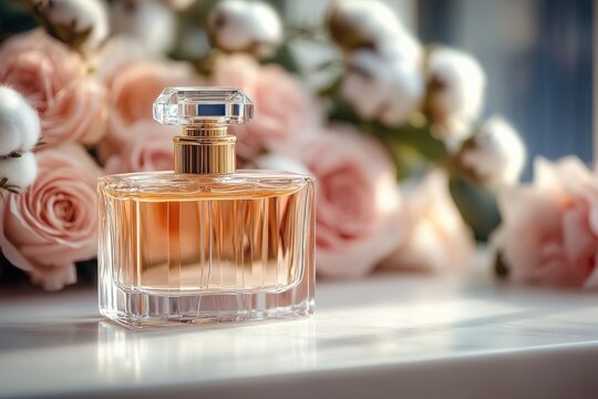 elegant crystal perfume bottle with golden liquid on a windowsill surrounded by soft pink roses and cotton bolls, romantic soft light and serene mood