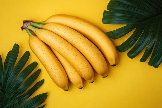 bright bunch of ripe bananas on a yellow background framed by tropical green leaves conveying a fresh cheerful summer still life - Powered by Adobe
