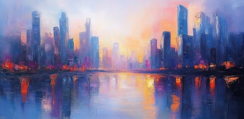 Dreamy misty city skyline at sunrise over a calm waterfront with glowing skyscrapers and colorful reflections
