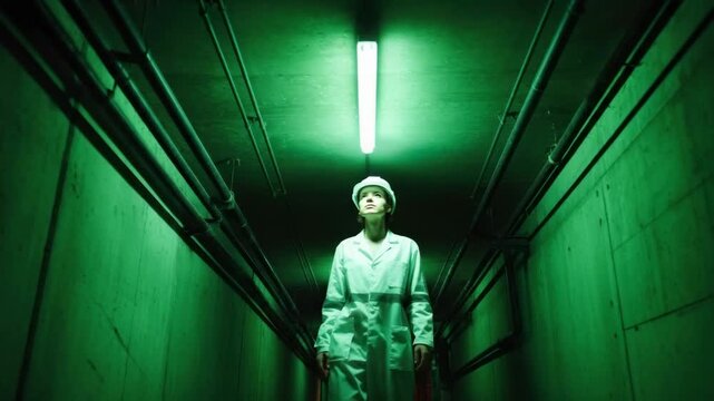 Caucasian female worker in a uniform and hard hat walks through a dark industrial corridor. Eerie panoramic sequence with green fluorescent lighting for a dystopian or sci-fi theme