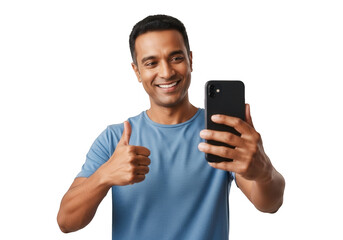 Man taking selfie isolated on transparent background with thumbs up