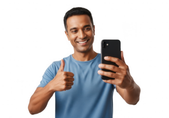 Man taking selfie isolated on transparent background with thumbs up