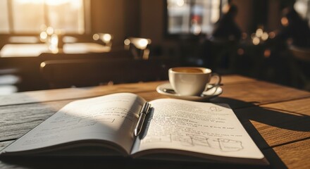 Sunlight illuminates an open notebook with writing and a pen resting beside a cup of coffee on a wooden table in a cafe setting.