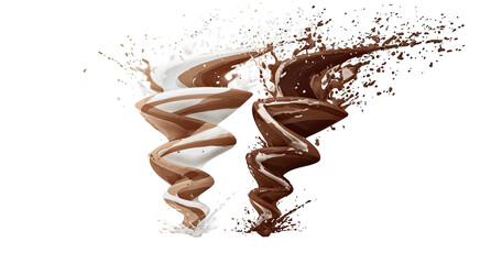 Swirling chocolate and cream splashes against a black background