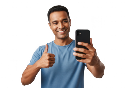 Man taking selfie isolated on transparent background with thumbs up