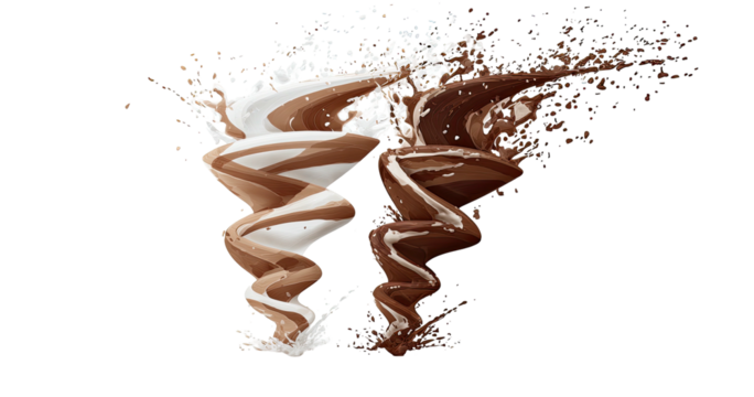 Swirling chocolate and cream splashes against a black background - Powered by Adobe
