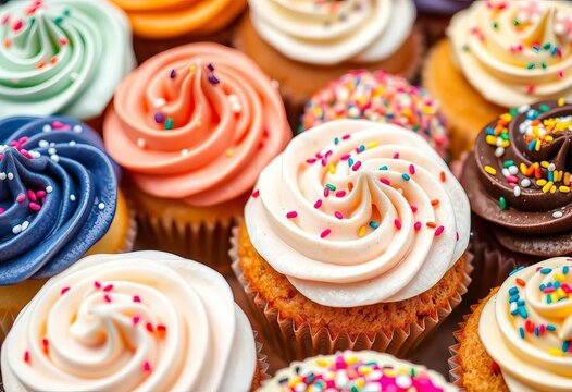 Assorted cupcakes with various frostings and sprinkles, close-up,  frosting,  sugar