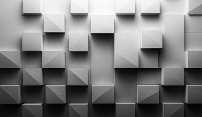 Monochrome three-dimensional geometric wall of staggered square blocks casting soft shadows, minimalist orderly and contemplative mood