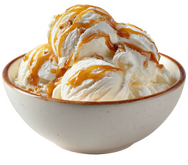 Creamy vanilla ice cream scoops drizzled with golden caramel sauce