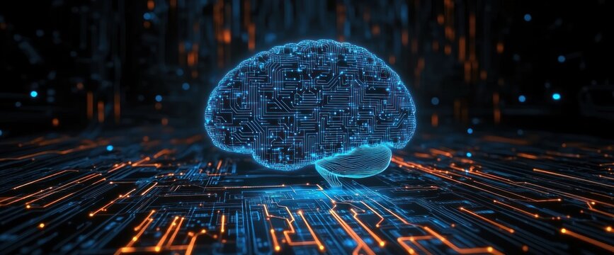 glowing neon blue digital brain hologram hovering above an illuminated circuit board with orange traces, conveying futuristic energy and awe