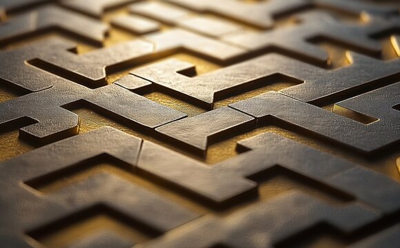 close-up of interlocking geometric maze-like panels with leather texture bathed in warm golden light, evoking intrigue and sophistication