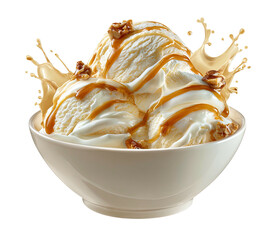 Creamy vanilla ice cream scoops drizzled with caramel and nuts