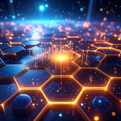 Abstract glowing honeycomb pattern with golden lights and digital lines creating a futuristic technology vibe
