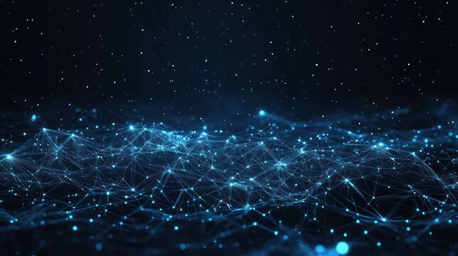 Glowing blue network of connected nodes and lines forming a wave-like mesh over a dark starry background, conveying futuristic wonder and calm - Powered by Adobe
