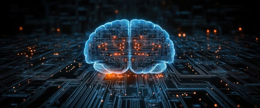 Glowing holographic brain hovering over dark circuit board with blue circuitry and orange sparks, evoking futuristic awe and dynamic intelligence - Powered by Adobe