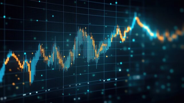 glowing blue and orange financial data chart on a dark grid showing rising and falling lines, bars and data points conveying dynamic market activity and analytical intensity