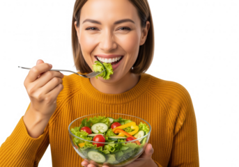 Happy woman eating a fresh salad isolated on transparent background