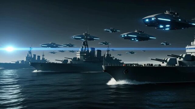 A fleet of military warships sails the ocean under an armada of futuristic ufos. Cinematic concept of an extraterrestrial invasion or futuristic warfare near a coastal city