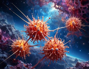 Abstract glowing orbs connected by thin lines, against a surreal, cosmic background with a planet-like form