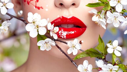 A woman's face with bright red lips framed by white flowers and painted details against a blurred background