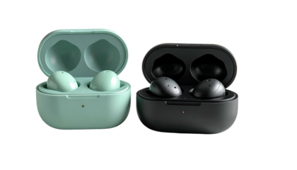 Two wireless earbud sets, open, displaying buds and charging cases, black and teal