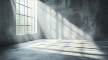 Empty room with smooth gray surface and diffused light coming through large window, creating soft shadows and calm atmosphere