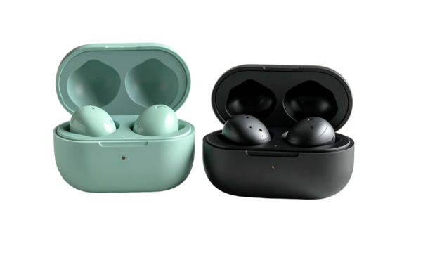 Two wireless earbud sets, open, displaying buds and charging cases, black and teal