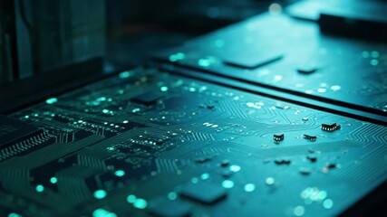 Futuristic computer circuit board with glowing cyan electronic components. Advanced technology concept for artificial intelligence, data processing and network communication - Powered by Adobe