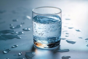 clear glass of sparkling water with bubbles and condensation on a wet reflective surface, scattered droplets and puddles under cool blue light conveying refreshing calm