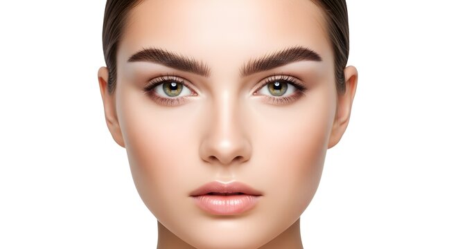 A beautiful woman with perfect skin and expertly shaped eyebrows gazes directly at the camera.