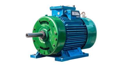 A large electric motor with blue casing and green flywheel, shaft protruding