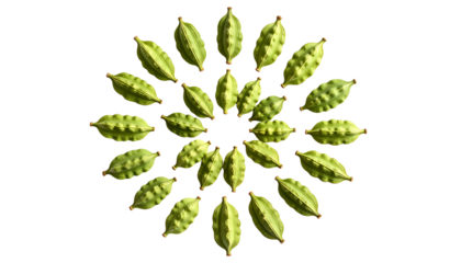 A symmetrical, circular arrangement of green seed pods against a stark black background