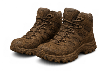 Muddy hiking boots on transparent background representing adventure, outdoor activity, and exploring nature trails