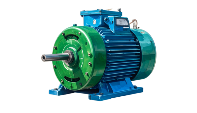 A large electric motor with blue casing and green flywheel, shaft protruding