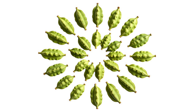 A symmetrical, circular arrangement of green seed pods against a stark black background