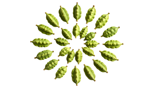 A symmetrical, circular arrangement of green seed pods against a stark black background - Powered by Adobe