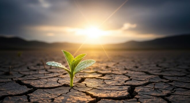 A single green seedling sprouting from cracked earth in a barren landscape with a sun setting in the background. - Powered by Adobe