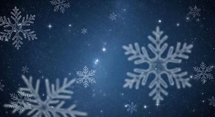 Snowflakes falling in a dark blue winter night sky.