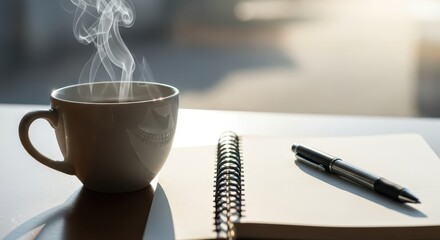 Steaming beverage sits beside an open spiral notebook and writing instrument on a surface near daylight