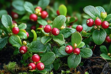 Close-up of glossy red berries on small textured green leaves with moss and dark soil, fresh and vibrant forest floor scene