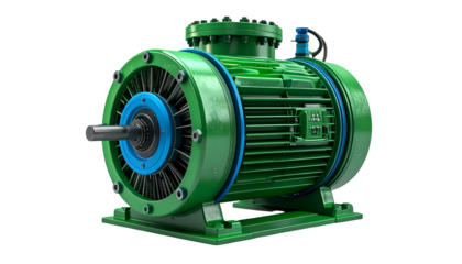 Detailed image of a large, green industrial electric motor, rendered against a black background