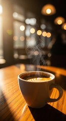 Obraz premium Steaming cup of coffee with latte art rests on a sunlit wooden table indoors