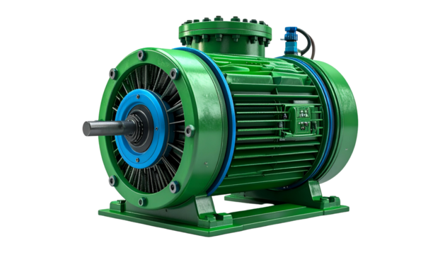 Detailed image of a large, green industrial electric motor, rendered against a black background