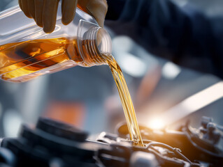 Close-up of engine oil being poured into a vehicle during maintenance. Suitable for themes of lubrication, car service, auto care, engine performance, and mechanical work