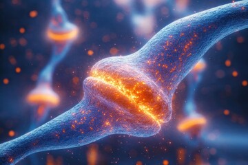 Close-up of two blue neurons forming a glowing orange synapse with vibrant electric sparks and dynamic signal transmission