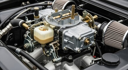 Fototapeta premium A close-up of a vintage car engine with chrome parts and a metallic finish.