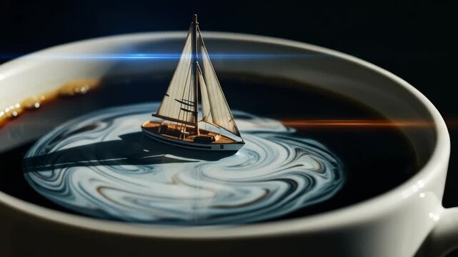 A miniature sailboat navigating a stormy sea of swirling cream in a coffee cup. Conceptual image representing adventure, imagination, and the start of a new journey or project