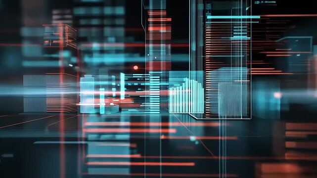 Abstract digital interface with glowing lines and shapes, representing data flow in a futuristic setting - Powered by Adobe