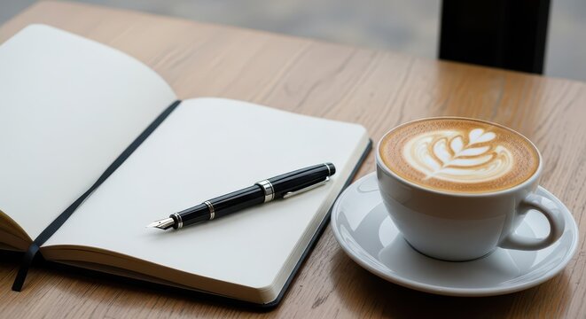 Open notebook with fountain pen rests beside a cup of latte with decorative foam art on a wooden table